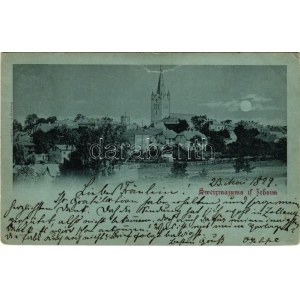 1899 Cesis, Wenden, Zehsim; general view with church, at night in moonlight (crease)
