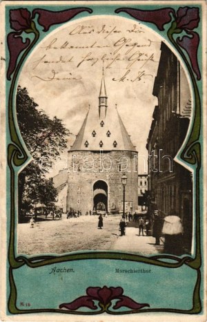 1902 Aachen, Marischerthor. Knackstedt & Näther / tower, Art Nouveau, floral, litho frame (EK)