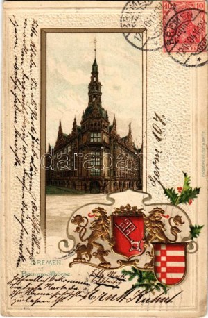 1904 Bremen, Baumwollbörse / cotton exchange palace. Art Nouveau, floral, Emb. litho with coat of arms (pinhole...