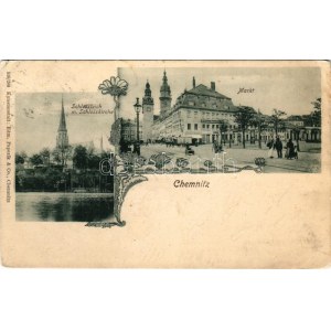 1908 Chemnitz, Schlossteich m. Schlosskirche, Markt / castle church and pond, market. Kunstanstalt Edm. Papezik &amp...