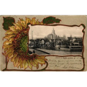 1900 Kleve, Cleve; von Hafen gesehen. Knackstedt &amp; Näther / view from the port. Art Nouveau, floral, litho frame (b...