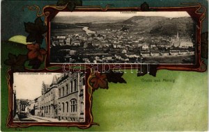 Merzig, Totalansicht, Bahnhofstrasse mit Post. Verlag Simon Hirsch / general view, street, postal office. floral...
