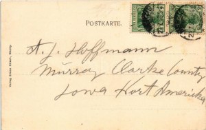 Merzig, Totalansicht, Bahnhofstrasse mit Post. Verlag Simon Hirsch / general view, street, postal office. floral...