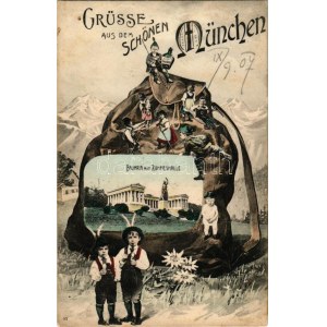 1917 München, Munich; Bavaria mit Ruhmeshalle. Verlag Franz Joseph Huber / montage with backpack and hiking children ...