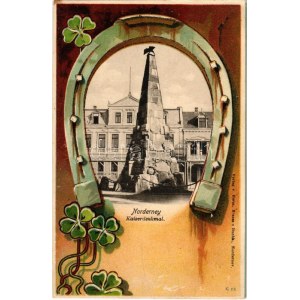 Norderney, Kaiserdenkmal. Verlag von Herm. Braam, Georg Kugelmann / monument. montage with horseshoe and clovers...