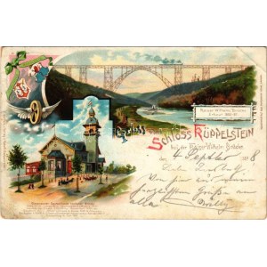 1898 Remscheid, Schloss Küppelstein, Kaiser Wilhelm Brücke. Kunstanstalt Finkenrath Söhne / castle, bridge. Art Nouveau...