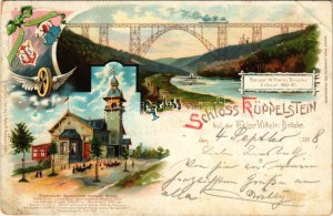 1898 Remscheid, Schloss Küppelstein, Kaiser Wilhelm Brücke. Kunstanstalt Finkenrath Söhne / castle, bridge. Art Nouveau...