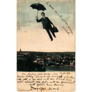 1908 Weida, ein Ausflug. Kunstanstalt Wilh. Ackermann &amp; Co. / montage with flying gentleman (small tear...