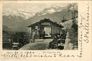 1900 Merano, Meran (Südtirol); Am Tappeiner Weg. L. Fränzl & Co. / mountain road, rest house (EK...
