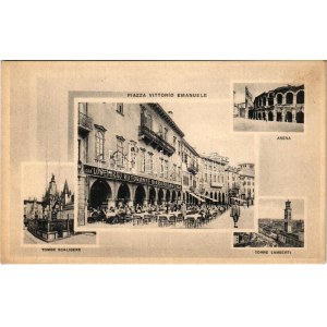 Verona, Piazza Vittorio Emanuele, Tombe Scaligere, Torer Lamberti, Arena, Löwenbrau ristorante Birra Pedavena / square...