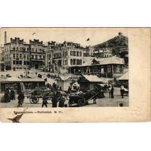 Vladivostok, Vlagyivosztok; market square, horse-drawn carriages, shop. Phototypie Scherer, Nabholz &amp; Co. (EK...