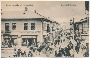 Siret, Sereth, Szeretvásár (Bukovina, Bucovina, Bukowina); St. Onofristrasse. Verlag Maxt Last / street view, market...