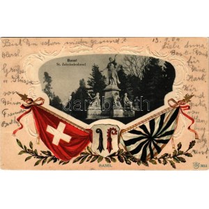 1904 Basel, St. Jacobs Denkmal / monument, coat of arms, flags. Art Nouveau, litho, Emb.