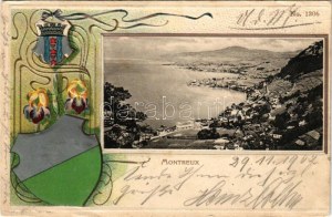 1902 Montreux, general view, coat of arms. Jullien Fréres No. 1306. Art Nouveau, floral, litho, Emb. (fl...