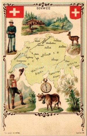 Schweiz. Ges gesch. No. 19790. Serie 74. / Switzerland map, coat of arms, flags, soldier, folklore...