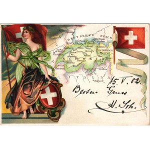 1902 Switzerland map, coat of arms, flags, litho