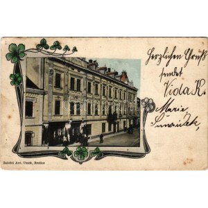 1906 Brezice, street view, shops. Ant. Umek Art Nouveau, floral frame (EB)