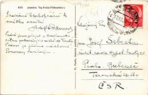 1938 Jesenice, Aßling; Trg Kralja Aleksandra I. / street view, railway station, man with bicycle (EK...