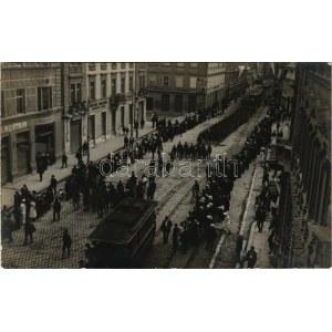 Ljubljana, Laibach; K.u.K. military parade, marching soldiers, tram, shops. Atelier J...
