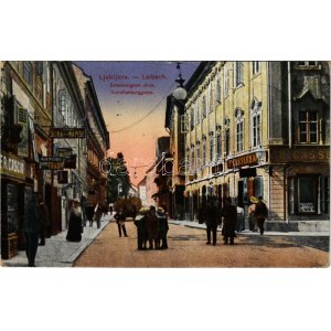 1922 Ljubljana, Laibach; Selenburgove ulice / Schellenburggasse / street view, shops of Jakob Traun, Cascio, P...