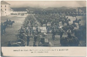 Maribor, Marburg; Ankunft des K.u.k. Feldhaubitzen Regiment's No 3. / WWI Austro-Hungarian K.u.K. military...