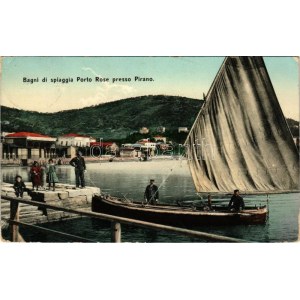 1909 Portoroz, Portorose; Bagni di spiaggia Porto Rose presso Pirano / beach, boat. Prop. riser. Francesco Heizinger ...
