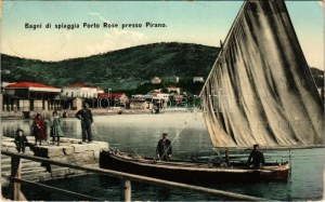 1909 Portoroz, Portorose; Bagni di spiaggia Porto Rose presso Pirano / beach, boat. Prop. riser. Francesco Heizinger ...