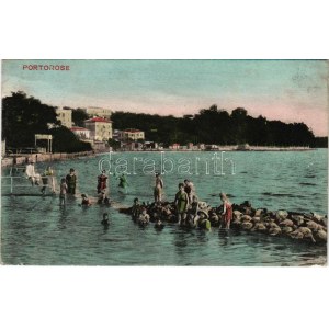 Portoroz, Portorose; seashore, beach, bathing people. Prop. M. Cattai (Pirano) (fl)