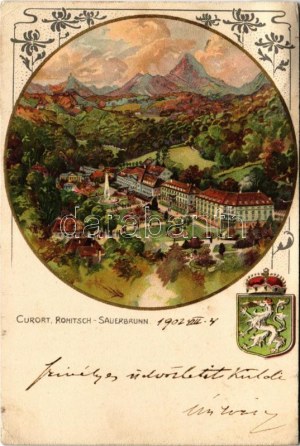 1902 Rogaska Slatina, Rohitsch-Sauerbrunn; Curort / spa, coat of arms. Art Nouveau, floral litho (tear...