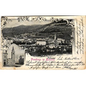 1902 Sezana, Sesana; church, general view. Art Nouveau, floral frame (cut)