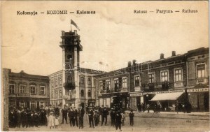 1916 Kolomyia, Kolomea, Kolomyja; Ratusz / Rathaus / town hall, Grand Hotel Bahr, shops of J. Nadler, B. Helwing (fl...