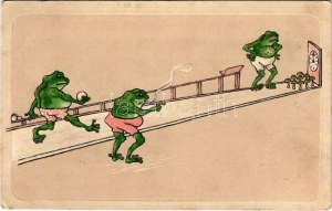 1906 Smoking frogs playing bowling. Emb. litho (EK)