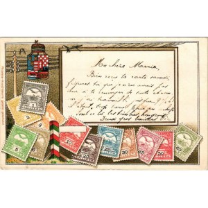 1908 A Magyar Királyi Posta bélyegei, címer / Hungarian stamps and coat of arms. Philatelie-Ansichtskarte. Emb. litho ...