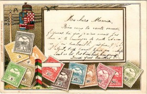 1908 A Magyar Királyi Posta bélyegei, címer / Hungarian stamps and coat of arms. Philatelie-Ansichtskarte. Emb. litho ...