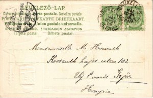 1908 A Magyar Királyi Posta bélyegei, címer / Hungarian stamps and coat of arms. Philatelie-Ansichtskarte. Emb. litho ...
