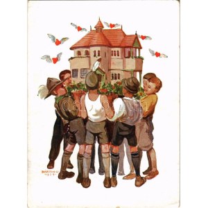 Bakony és Balatonvidéki veszprémi cserkész- és turistaház javára / Hungarian scouting art postcard s: Márton L. (EB...