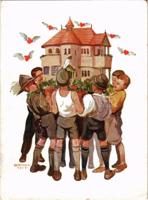 Bakony és Balatonvidéki veszprémi cserkész- és turistaház javára / Hungarian scouting art postcard s: Márton L. (EB...