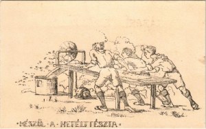 Készül a metélt tészta. 13. számú Ezermester cserkészcsapat Tábori levelezőlap / Hungarian boy scout art postcard (fl...