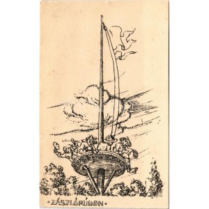 Zászlórúdon. 13. számú Ezermester cserkészcsapat Tábori levelezőlap / Hungarian boy scout art postcard ...
