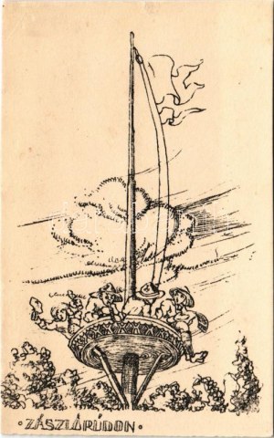 Zászlórúdon. 13. számú Ezermester cserkészcsapat Tábori levelezőlap / Hungarian boy scout art postcard ...