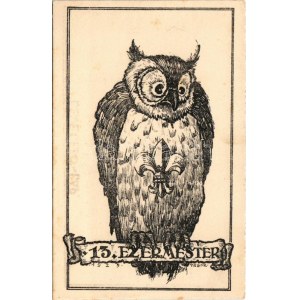13. ezermester cserkészcsapat, fülesbagoly / Hungarian boy scout art postcard with long-eared owl s: Tábor (fl...