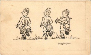 Dobosok, cserkész művészlap / Hungarian scout art postcard s: Jajesnica János (b)