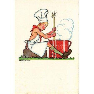 Szakács cserkész. Magyar Cserkészszövetség, Klösz Gy. és Fia / Hungarian boy scout art postcard with cook s: Márton L. ...