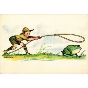 Cserkész békával. Magyar Cserkészszövetség, Klösz Gy. és Fia / Hungarian boy scout art postcard with frog s: Márton L...