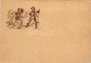 Cserkész művészlap, síelés / Hungarian boy scout art postcard, skiing, winter sport s: Márton L. (EK...