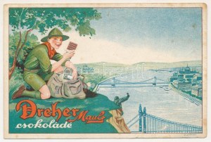 Dreher Maul csokoládé reklámlapja, cserkész a Gellért-hegyen. Piatnik Rt. ...