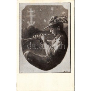 1931 Magyar cserkész művészlap. A Magyar Cserkészszövetség kiadása / Hungarian boy scout art postcard s: Mátis (EK...