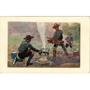 Fő a gulyás. Cserkész művészlap. A Magyar Lapvállalat kiadása. Apostol nyomda / Hungarian boy scout art postcard...