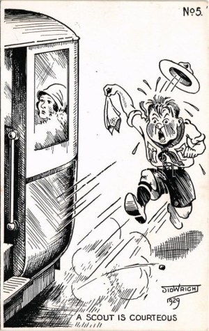 A scout is courteous. British scout postcard, humour, Winstanley & Watkins: Tommy, the Tenderfoot Series No. 5. s...