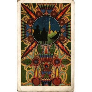 1933 Budapesti 25. Szent Imre öregcserkészcsapat / Hungarian old boys scouts, senior scouts art postcard s...